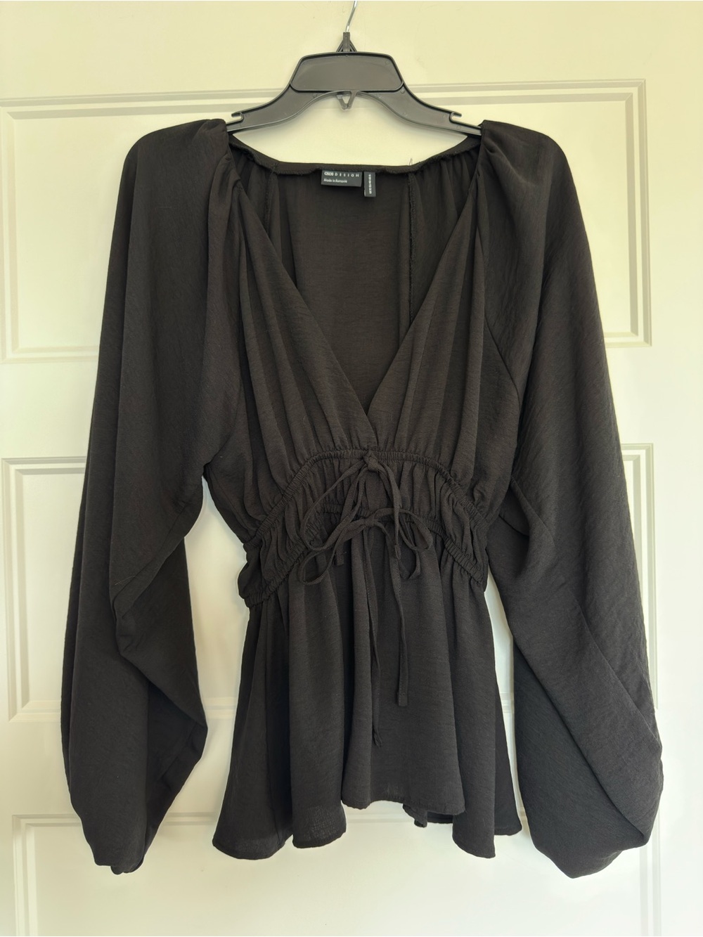ASOS Black V-Neck Tie-Waist Peplum Blouse